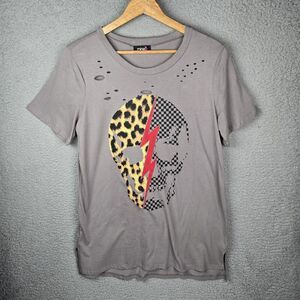 mineB Distressed Skull Leopard Lightning T-Shirt Gray Graphic Artsy Grunge Large